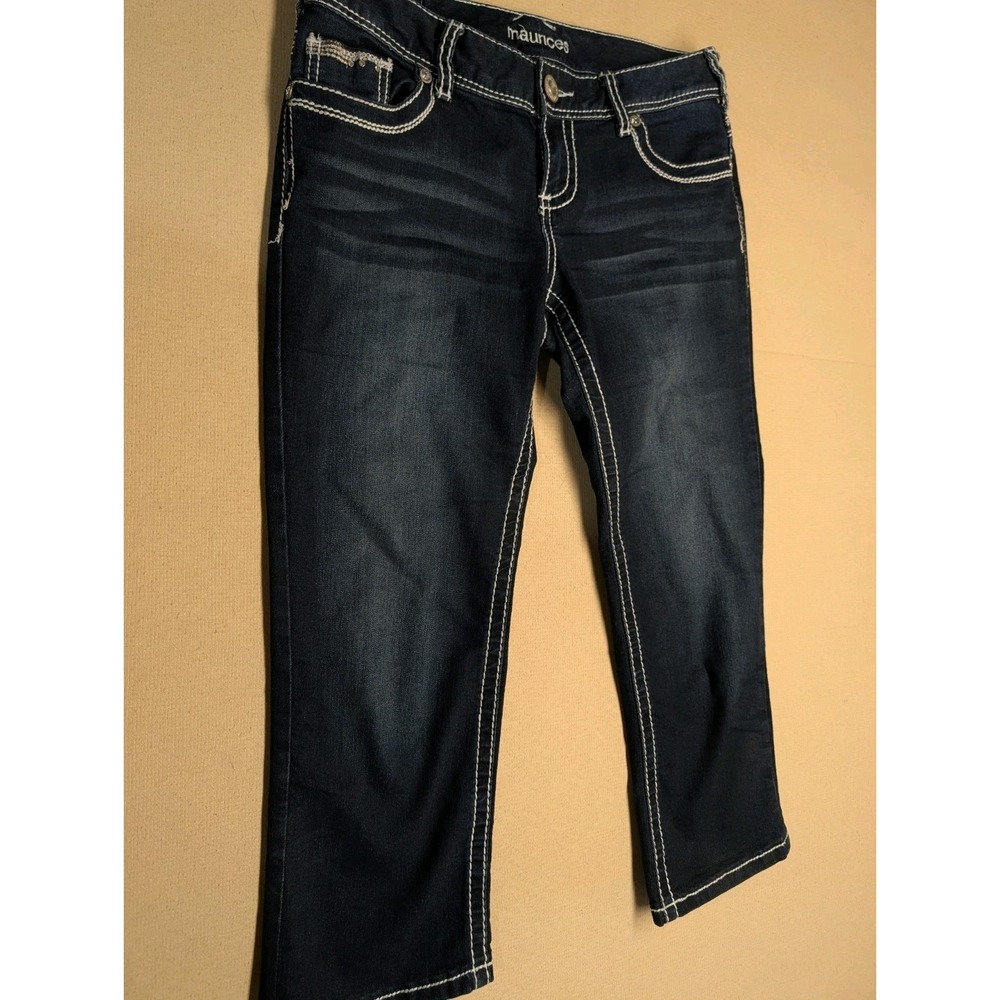 Maurice's Women Jean Capris Size 3/4 Dark Wash Straight Beaded Back Pockets